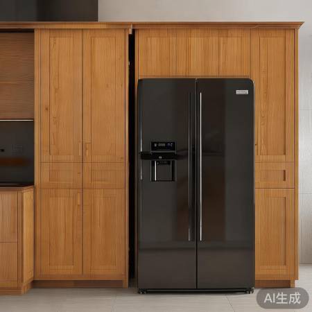 橱柜冰箱配色协调，布局合理。